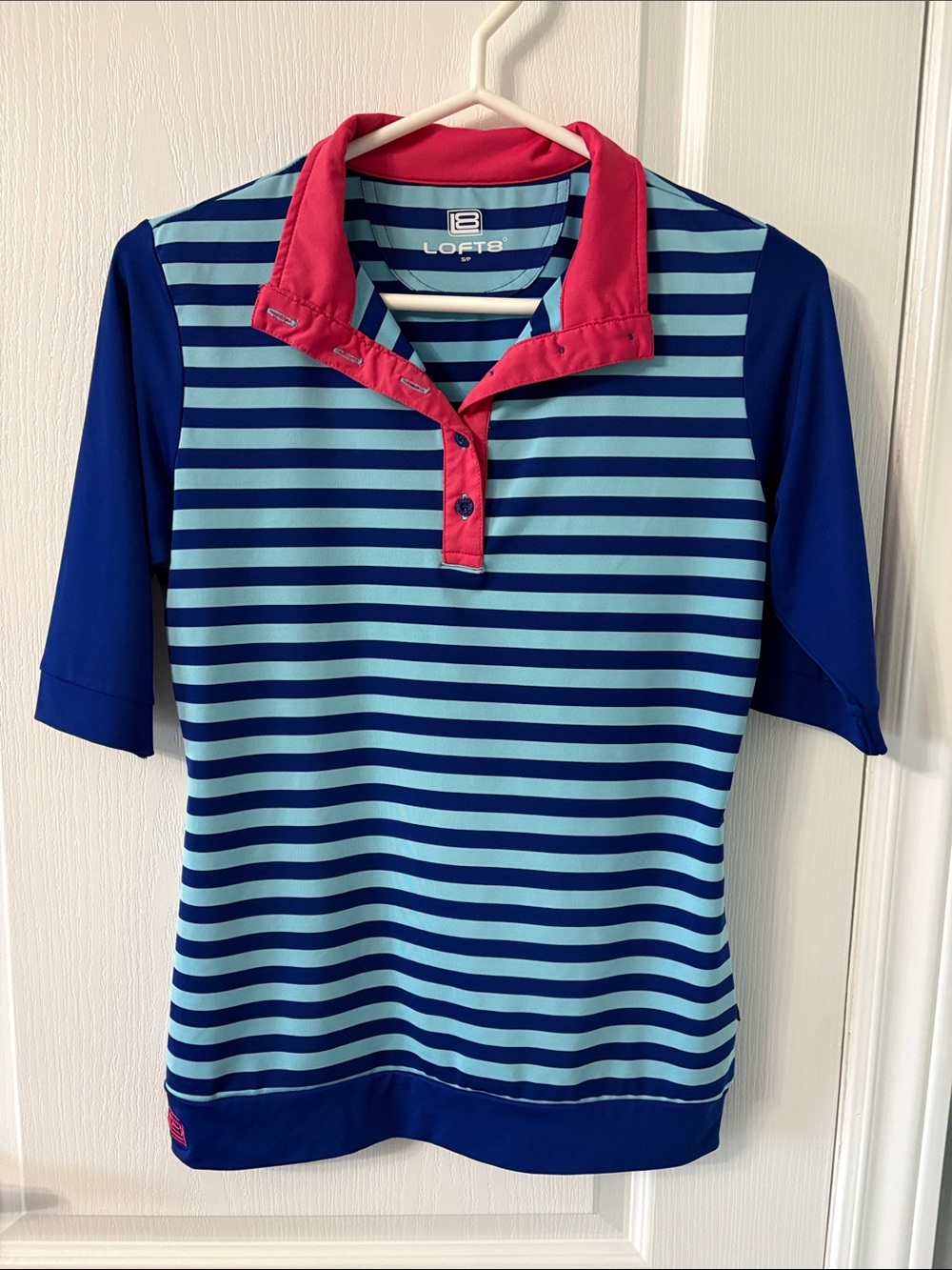 LOFT Striped Polo in Navy, Light Blue & Bright Pink